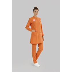 ÇİZGİ MEDİKAL Tesettür Klinik Destek Forması Scrubs Likralı Takım Sağlık Bakanlığı Logolu-Orange Ochre