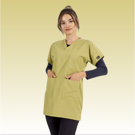 ÇİZGİ MEDİKAL Lüks Likralı Greys Tunik Boy Antep Fıstığı Tek Üst