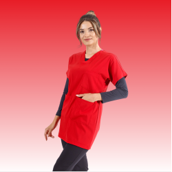 ÇİZGİ MEDİKAL Lüks Likralı Greys Tunik Boy Kırmızı Tek Üst