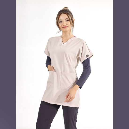 ÇİZGİ MEDİKAL Lüks Likralı Greys Tunik Boy Krem Tek Üst