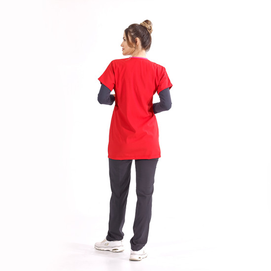 ÇİZGİ MEDİKAL Lüks Likralı Greys Tunik Boy Kırmızı Tek Üst