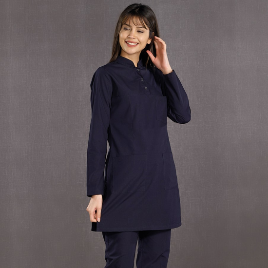 ÇİZGİ MEDİKAL Lüks Likralı Hakim Yaka Lacivert Tesettür Takım
